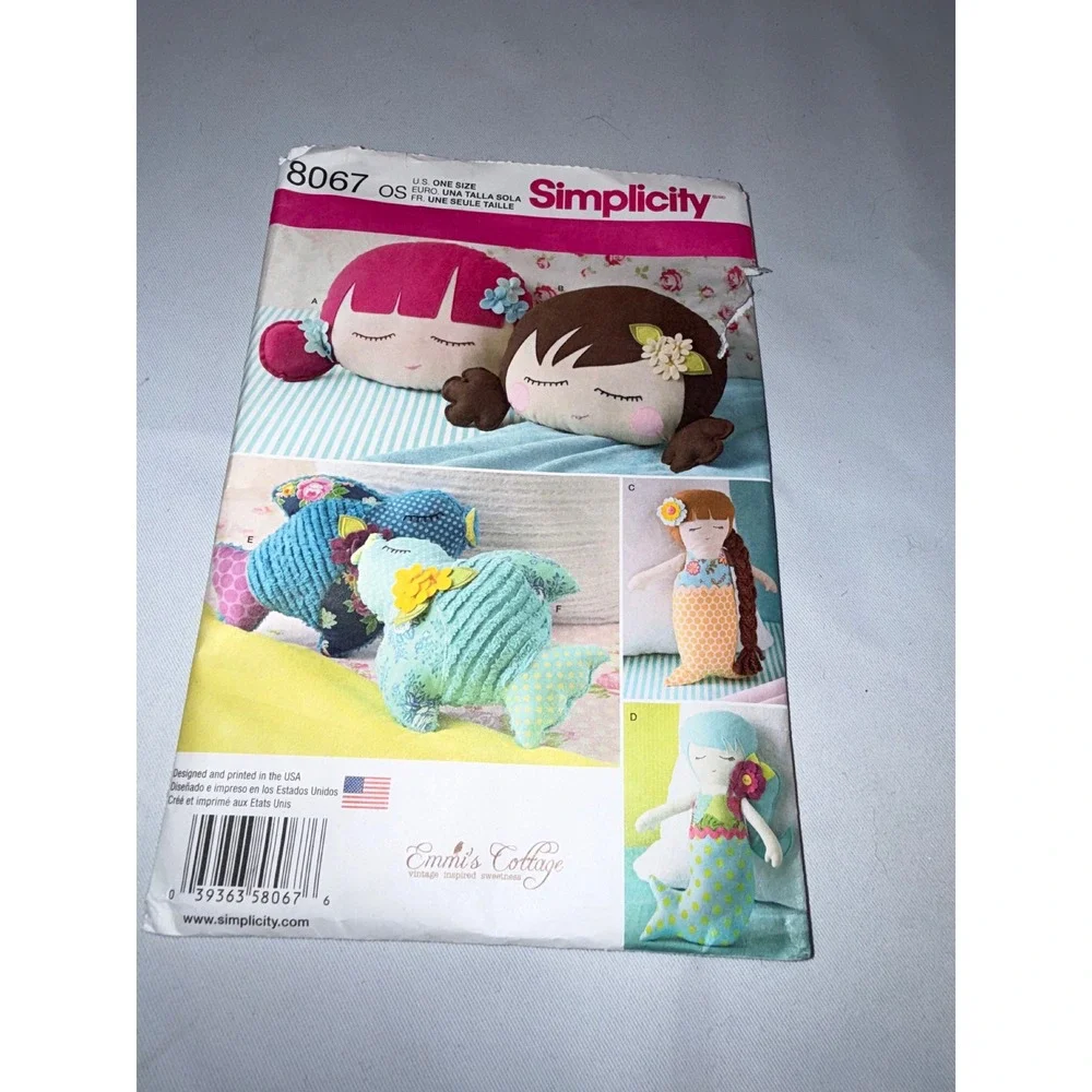 Simplicity 8067 Sewing Pattern Stuffed Doll Face Pillow Mermaid Bird Pattern